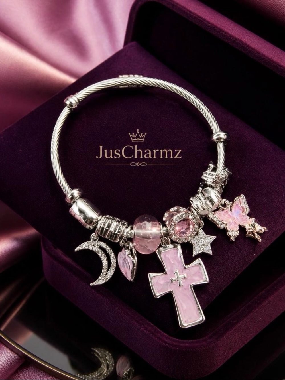 Pink Enamel Cross & Charm Bracelet